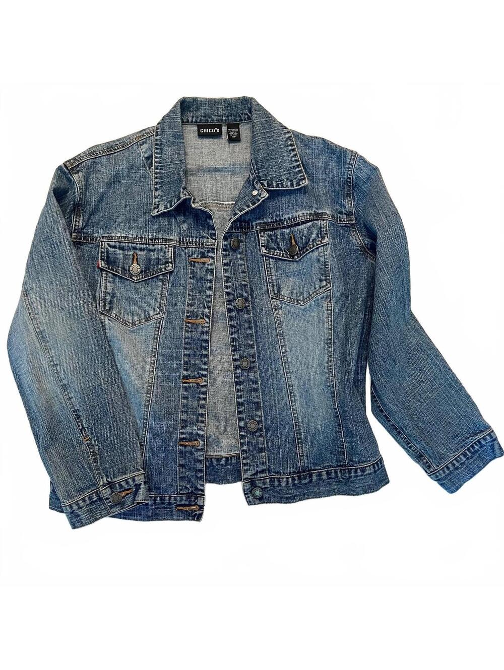 Chico’s Women’s Denim Jean Jacket Sz 1 Small Fitted Pockets Western Y2K 2000s